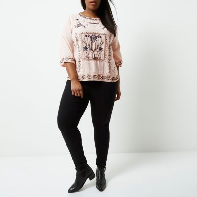Plus pink floral embroidered top